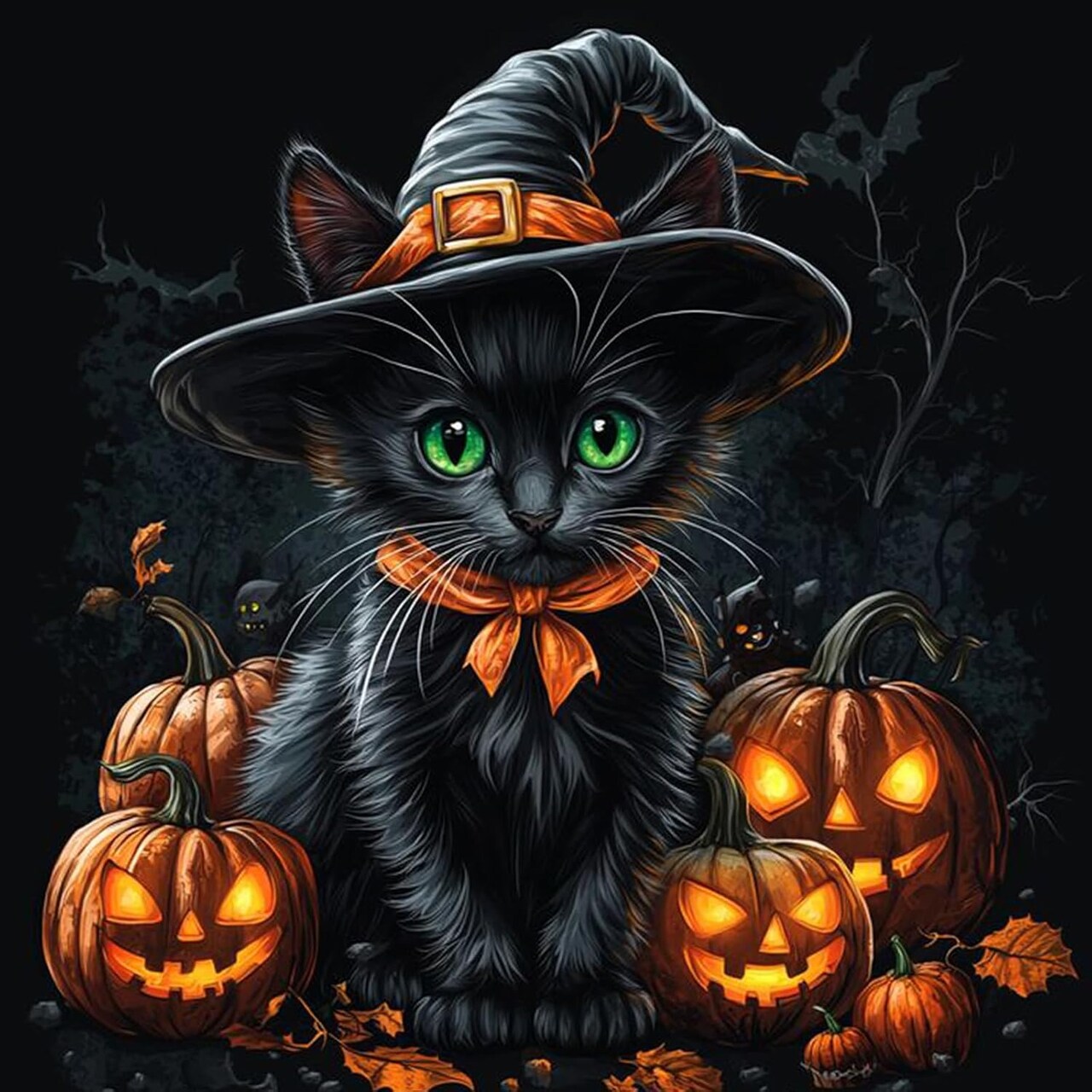 Halloween Diamond Art Kits for Adults, Black Cat Diamond Painting Kit for Beginners(14x14 Inch)